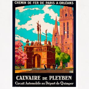 Póster de viaje francés, póster vintage de viaje en tren de París a Orleans para la parroquia de Pleyben, impresión turística de Francia en papel mate o lienzo enrollado.