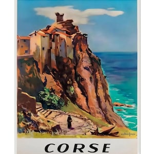 Poster di viaggio francese della Corsica vintage, stampa del viaggio mondiale in Francia Société National des Chemins de fer Français su carta opaca o tela arrotolata