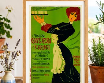 Póster de café vintage, póster de bebida italiana Caffe Crudi E Torrefatti, lámina vintage de comida y bebida para cocina o bar en papel mate o lienzo enrollado.