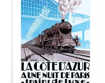 Póster de viaje francés vintage Costa Azul, lámina de viaje mundial, póster de la Riviera Francesa, póster de tren vintage