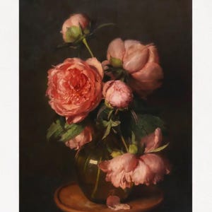 Peonie, peonie rosa in un vaso, Pfingstrosen, stampa floreale scura vittoriana, arredamento country, stampa floreale, dipinto floreale, fiori in un vaso