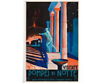 Affiche de voyage de Pompéi, affiche de tourisme italien vintage, impression de voyage du monde, impression de tourisme d&#39;Italie, impression de nuit de Pompéi, visite de Pompéi