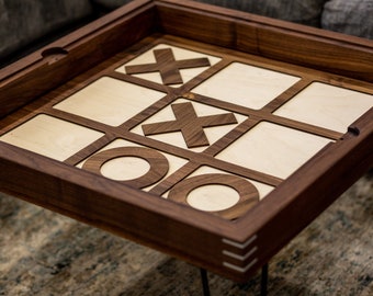 Modern Walnut Tic Tac Toe Coffee Table or end table with removable glass top - letter tiles included. 100% Made in the USA