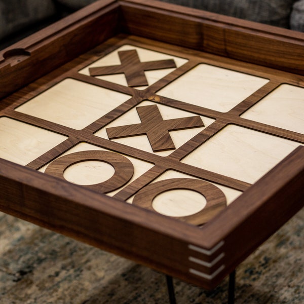 Modern Walnut Tic Tac Toe Coffee Table or end table with removable glass top - letter tiles included. 100% Made in the USA