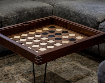 Modern Walnut Connect 4 Coffee Table or end table with removable glass top - letter tiles included. 100% Made in the USA