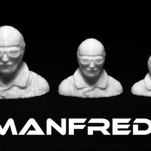May include: Three white plastic figurines of people wearing sunglasses and jackets. The figurines are different sizes, with the largest figurine in the center and the smallest figurine on the right. The word "MANFRED" is printed in white letters below the figurines.