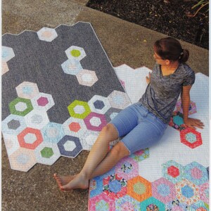May include: Two colorful hexagonal quilts with a geometric pattern. The quilts are made with a variety of fabrics in shades of pink, blue, green, orange, and white. The quilts are laid out on a concrete surface. The text "Science Fair" is printed in white on a gray background at the top of the image. The text "JAYBIRD QUILTS" is printed in white on a gray background at the bottom of the image.
