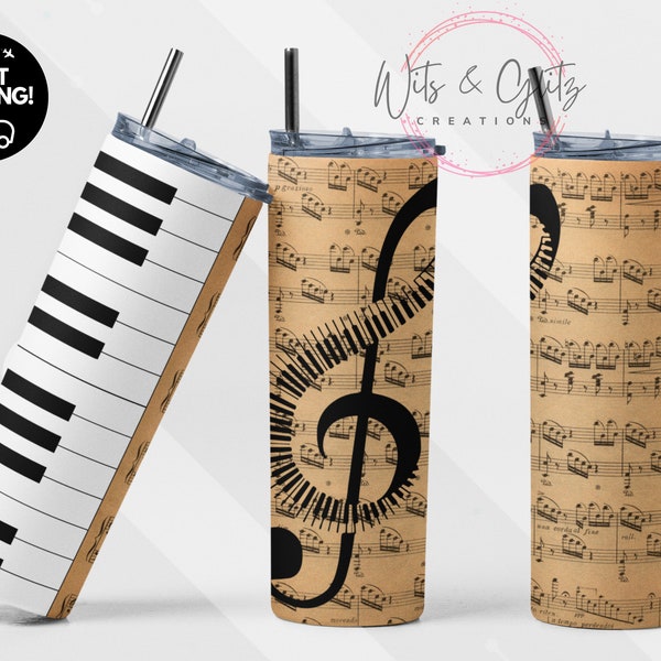 Piano and Music Note Tumbler. 20 oz Sheet Music Drink Holder with Straw. Hot or Cold Beverage. Gift for Her. Gift for Him.