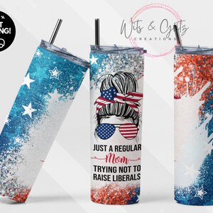 Patriotic Mom Tumbler: Messy Bun, Flag Design, Stainless Steel
