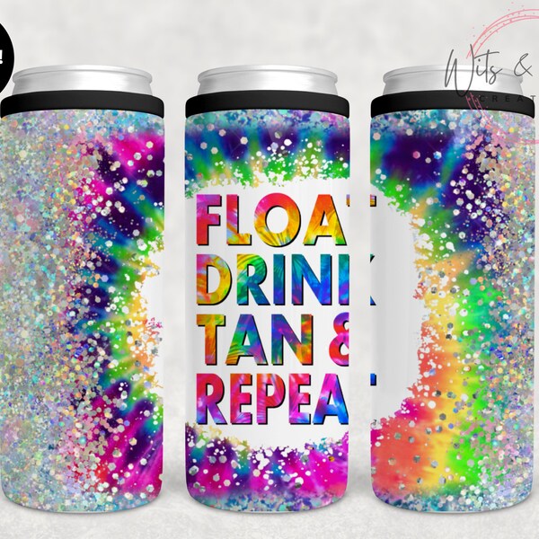 Float Drink Tan & Wiederholung Slim Can Cooler. Konvertiert in einen 12 oz Becher mit Stroh. Rainbow Burst Dose Koozie. Hält Getränke kühl.