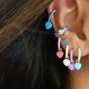 Enamel Mini Heart Huggie Earring Dangle Heart Earring Heart Dangle Hoop Earring 925 K Solis Silver Rose Gold Plated Dainty Mini Earring