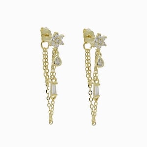 Daisy Drop Chain Earring Baguette drop Chain Earrings Stud Chain Earrings 925 Solid Sterling Silver Gold Plated Dainty Chain Dangle Earring