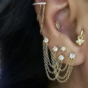 Double Hole Solitaire Chain Earring Trio Chain Earring Double Hole Dangle Chain Earring 925 Solid Sterling Silver Gold Plated Dainty Chain