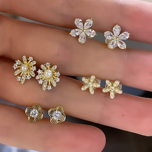 Pendiente de botón con forma de flor Pendiente de botón con forma de margarita Pendiente de botón con forma de perla Pendiente de botón con forma de margarita de perla Plata de ley 925 Pendiente de botón con forma de cartílago chapado en oro