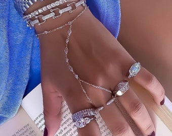 Silver Transparent MoonStone Handlet - Hand Jewelry - Sterling Silver Bracelet - Silver Ring - Bracelet ring jewelry - Rosary chain Stone