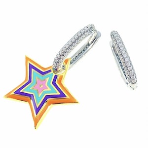 Orecchino pendente a forma di stella in smalto multicolore Orecchino a forma di stella in smalto delicato Orecchino a cerchio pendente delicato in argento sterling massiccio 925 placcato oro