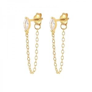 Marquise Dangle Chain Earring 925 Solid Sterling Silver Gold Plated Minimal chain Earring Dainty Solitaire Chain Earring