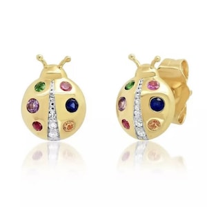 Orecchini a bottone coccinella in argento sterling massiccio 925 placcato oro con pietre preziose multicolore Cz Orecchini a mini coccinella graziosi Orecchini per donna
