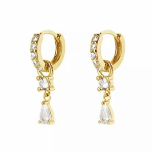 Drop Stone Dangle Hoop Earring Cz Stone Earring 925 Solid Sterling Silver Gold Plated Dainty Everyday Drop Earring Huggie Earring