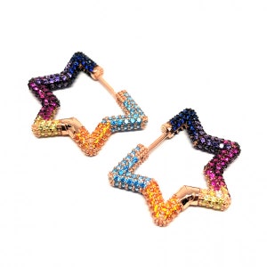 Brinco de argola estrela multicolorido Brinco de argola estrela verde Prata esterlina 925 sólida Zircônia cúbica delicada Brinco de argola estrela azul marinho