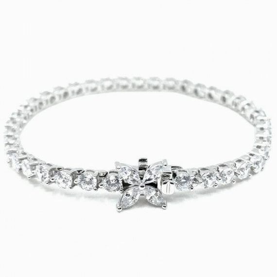 Marquise Flow Tennis Bracelet Flower Tennis Bracelet Cz Stone Box Lock  Tennis Bracelet 925 Solid sterling silver Rhodium Plated Bracelet
