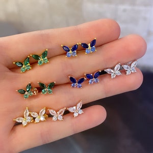 Butterfly Stud Earring mini Stud Earring 925 Solid Sterling silver Gold Plated emerald Butterfly Earring Dainty Butterfly Earring
