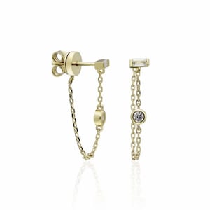 Baguette Bezel Stone Chain Dangle Earring 925 Solid sterling Silver Gold Plated Dainty Chain Earring Gift For Here Chain Drop earring