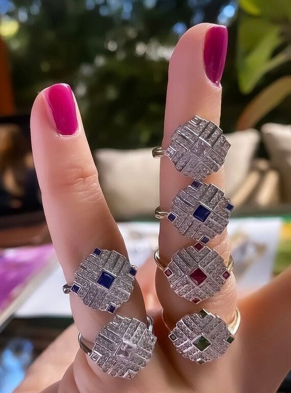 Buy Square Pave Ring Green Stone Little Finger Ring Ruby Pink