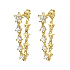 Star Tennis Chain Dangle Earring Star Chain Earring 925 Solid Sterling Silver Gold Plated Dainty Tennis Earring Star chain Stud Earring
