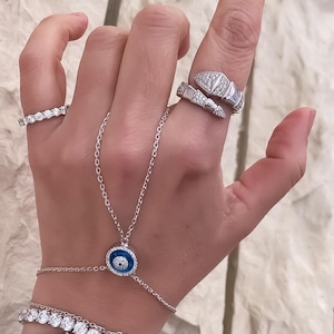 Pulsera de cadena de mano con ojo malvado, cadena de mano con ojo malvado de plata de ley 925, pulsera de cadena de mano con ojo malvado, cuentas griegas, cadena de mano chapada en rodio