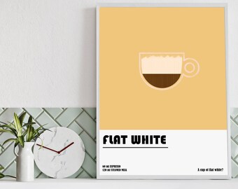 Eclectic Colors Flat White Coffee Guide, Ingredients, How to Make, Gift for Coffee Lovers, Coffee Poster