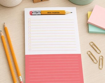 Personalized Teacher Notepad, Custom Name Checklist Pad, 5.5x8.5 Classroom Planner