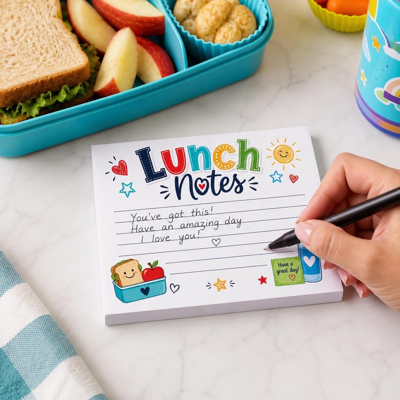 Puede incluir: Un bloc de notas cuadrado con el texto Lunch Notes en la parte superior, con ilustraciones coloridas de un sol, estrellas, corazones y un s&aacute;ndwich en un recipiente. El bloc tiene papel rayado con el texto escrito a mano You've got this! Have an amazing day. I love you!