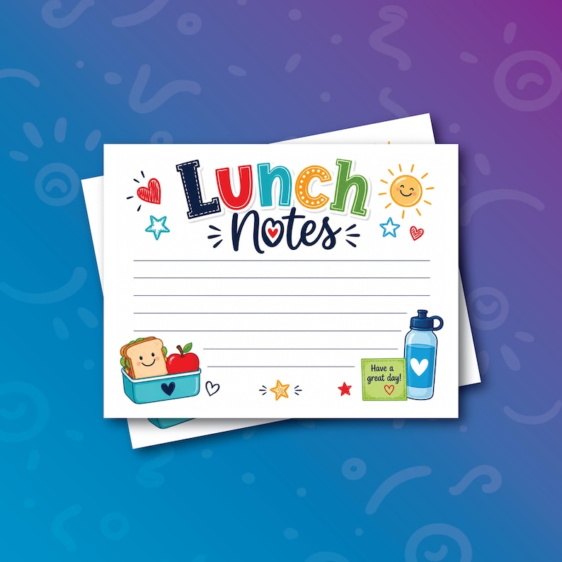 Puede incluir: Una tarjeta rectangular blanca con el texto Lunch Notes en letras coloridas en la parte superior. La tarjeta cuenta con papel rayado para escribir, decorado con ilustraciones de un s&aacute;ndwich sonriente, una manzana roja, una botella de agua azul y un sol.