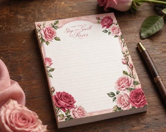Rose Floral Watercolor Notepad, Lined Memo Pad, Teacher Stationery