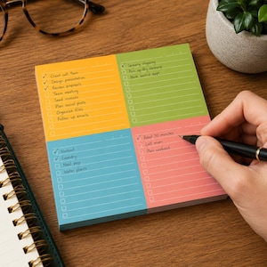 May include: A square sticky note pad divided into four colored quadrants: yellow, green, blue, and pink. Each section features horizontal lines and checkboxes for task lists. Handwritten text includes items like Client call, Grocery shopping, and Workout.