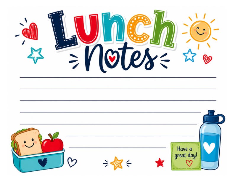 Puede incluir: Una tarjeta de papeler&iacute;a rectangular titulada Lunch Notes con l&iacute;neas horizontales para escribir. El dise&ntilde;o presenta un s&aacute;ndwich sonriente en un recipiente azul, una manzana roja, una botella de agua azul, un sol, estrellas, corazones y una nota que dice Have a great day!