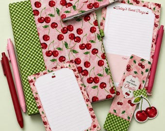 Cherry Daydreams Stationery Gift Set, Cherry Notebook Cover, Notepads, Bookmarks, Keychain and Pens