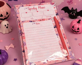 Pink Halloween Stationery Gift Set, Spooky Planner, Notes Pad and Pen