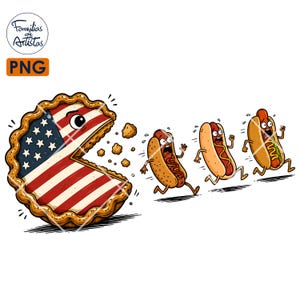 May include: A cartoon illustration featuring a round pie with a crust and a filling patterned like the American flag, depicted with a wide-open mouth chasing three terrified hot dogs in buns that are running away with expressions of shock.