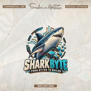 May include: A digital graphic featuring a shark with blue and grey tones, surrounded by circuit board patterns and floating blue cubes. The text reads SHARKBYTE FROM BYTES TO BUILDS, with additional text at the top stating COMMERCIAL USE and ORIGINAL ARTWORK.