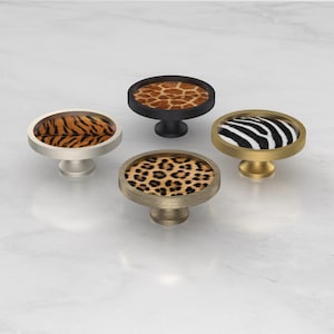 Animal Print Decorative Drawer Door Cupboard Cabinet Knobs Handle Available in a Gold, Silver, Black & Antique Gold Base