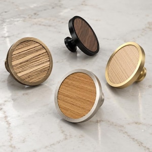 Wooden cabinet door knobs, modern handmade design, maple, oak, zebrano, walnut, aluminium base, furniture refresh, statement piece