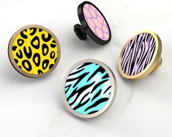 Bunte Tier Print Schubladenknäufe | Pink, Zebra, Tiger, Zebra und Tiermuster Schrankknöpfe für Kinder, Kinderzimmer und Zuhause
