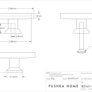 K&ouml;nnte beinhalten: Technische Zeichnung eines Schrankknaufs mit Abmessungen in Millimetern und einer 25 mm langen M4-Gewindeschraube. Der Knauf hat einen Durchmesser von 40 mm und besteht aus Aluminium. Der Text "PUSHKA HOME 40mm Cabinet Knobs" ist enthalten.