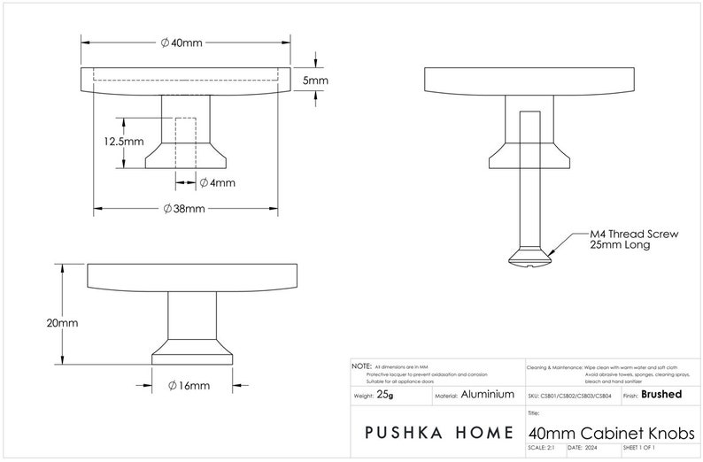 K&ouml;nnte beinhalten: Technische Zeichnung eines Schrankknaufs mit Abmessungen in Millimetern und einer 25 mm langen M4-Gewindeschraube. Der Knauf hat einen Durchmesser von 40 mm und besteht aus Aluminium. Der Text "PUSHKA HOME 40mm Cabinet Knobs" ist enthalten.