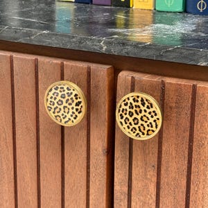 May include: Two circular cabinet knobs with a gold-toned metal rim and a central leopard print pattern. The knobs are mounted on a brown wooden cabinet door featuring vertical grooves and a dark marble countertop surface above the doors.