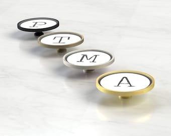 Large Typewriter Style Alphabet Letter and Number Cupboard Door Cabinet Knobs Handle Available in Gold, Silver, Black & Antique Gold Base