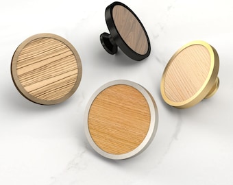 Wooden cabinet door knobs, modern handmade design, maple, oak, zebrano, walnut, aluminium base, furniture refresh, statement piece