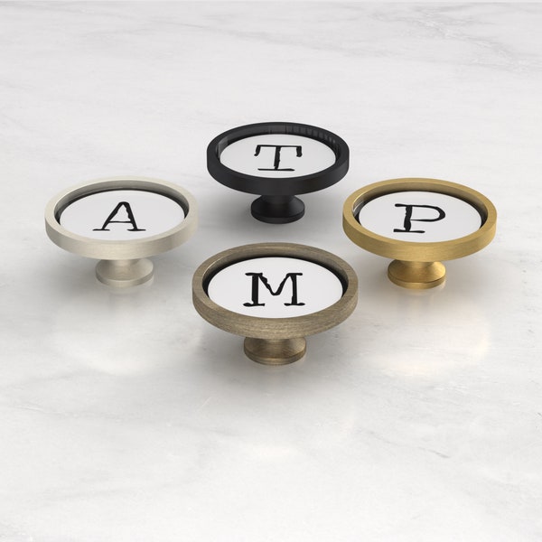 Typewriter Style Alphabet Letter and Number Cupboard Drawer Door Cabinet Knobs Handle Available in Gold, Silver, Black & Antique Gold Base